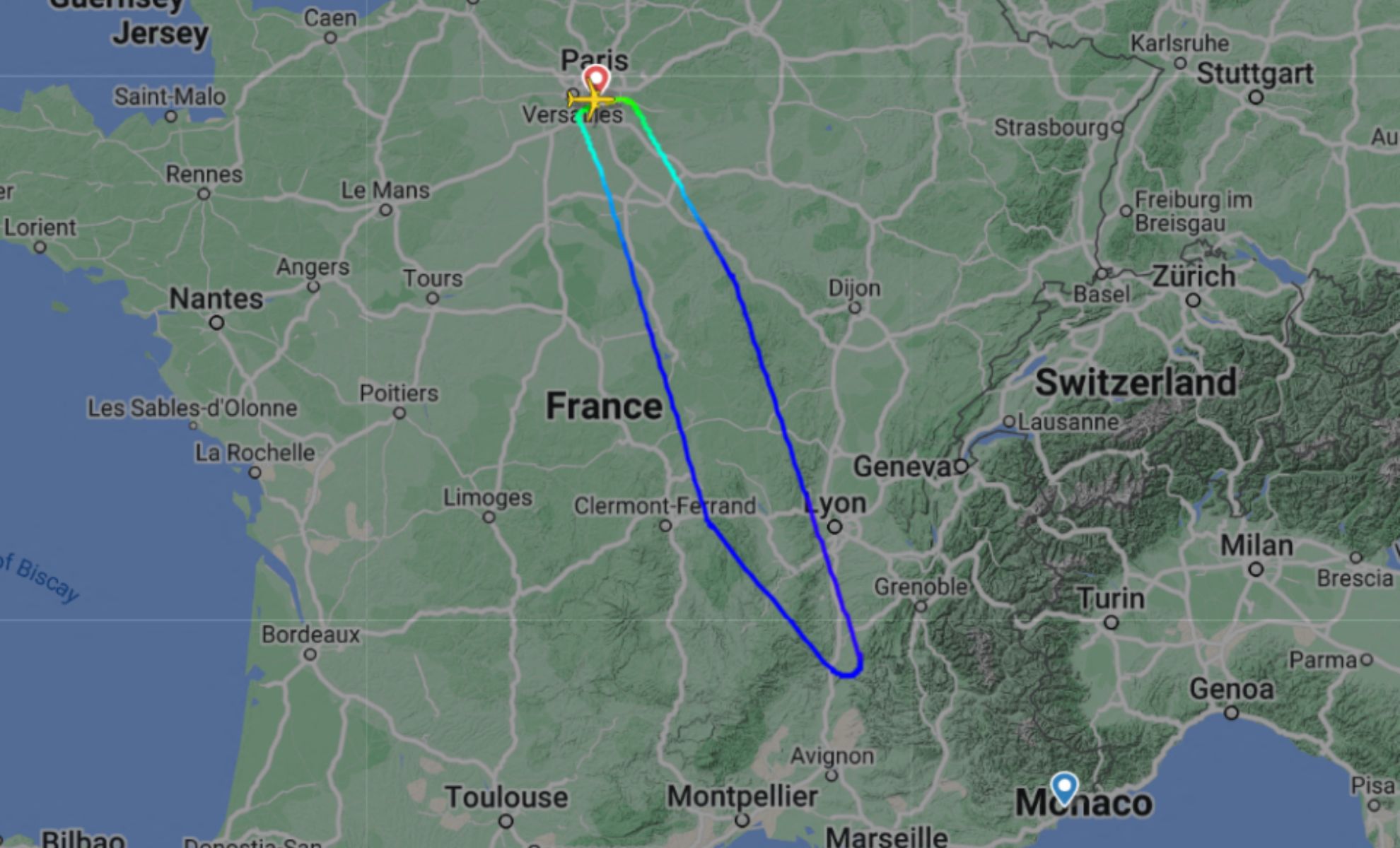La carte de Flight Radar montrant que l’avion d'Air France a fait demi-tour depuis Valence pour rentrer à Paris ©Capture d’écran Flight Radar